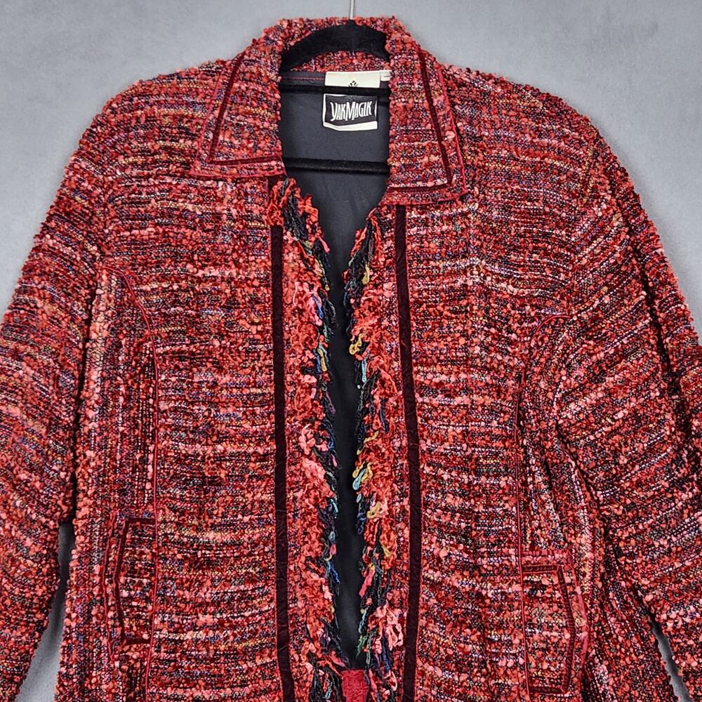 YAK MAGIK Blazer Womens XL Red Open Front Fringe Detail Collared Silk Nepal